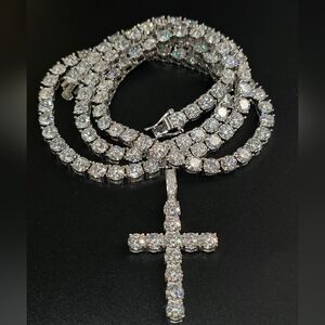 ✨ 80+ CTW Moissanite Tennis Chain & Cross Pendant Set – 5mm ✨